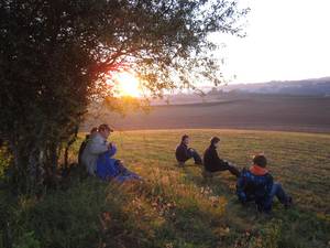 Gruppe Jugendlicher auf Feld vor Abendsonne
